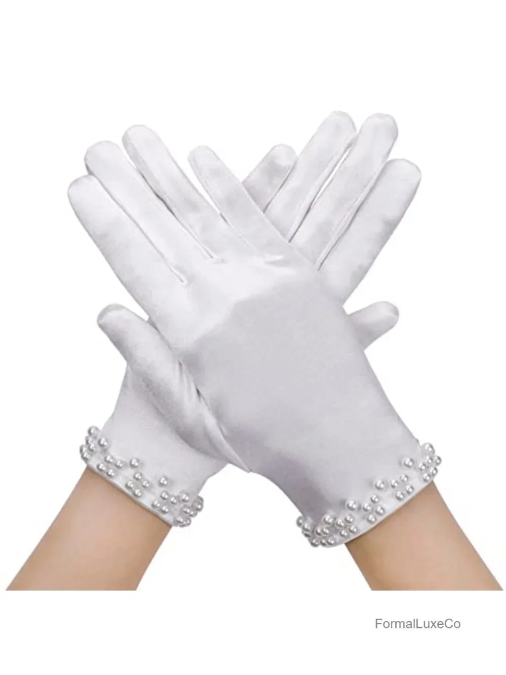 Women's Satin Short Gloves Pearl Accent Wrist Length Bridal Evening Opera Gloves